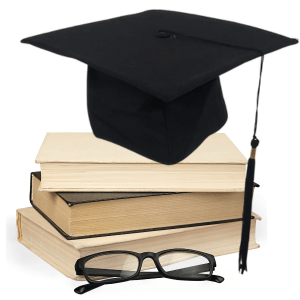 כובע סיום תואר, סיום לימודים, בצבע שחור מונח על ספרים