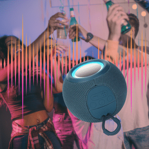 רמקול נייד עגול בצבע כחול עם טבעת אור וידית נשיאה