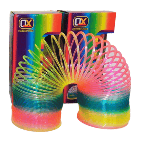 סלינקי,קפיץ צבעוני בצבעים צהוב ורוד כחול, אורך 15 סמ במצב פתוח