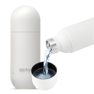 בקבוק ORB קפסולה בצבע לבן במצב סגור וגם בהדגמת מצב פתוח בשימוש במכסה כספל