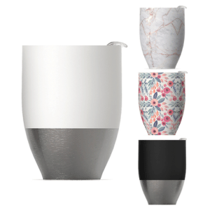 כוס תרמית לשתייה קרה וחמה, ארבע כוסות בתמונה - צבע שחור, לבן, פרחוני ודמוי אבן עם זהב