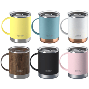 שישה ספלים תרמיים עם מכסים שקופים שמונעם נזילות וידית. עיצוב משלב צבע ומתכת. חברת ASOBU. דגם ULTIMATE