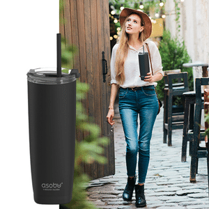 כוס תרמית שחורה בגימור מט, עם קש,ללא ידית למשקאות קרים וגם חמים