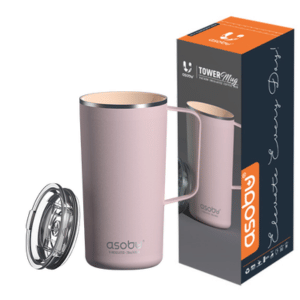 כוס תרמית ורודה לנסיעה ולמכונית ליד האריזה המקורית של חברת ASOBU