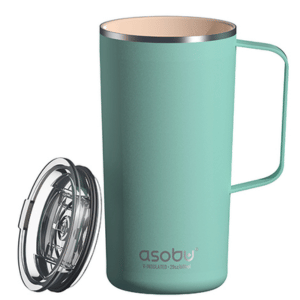 כוס תרמית בצבע טורקיז בהיר, עיצוב מודרני ידית דקה