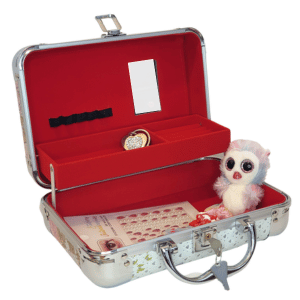 מזוודת אחסון תכשיטים או איפור לילדות במצב פתוח, פנים בצבע אדום, מזוודה קשיחה לילדות