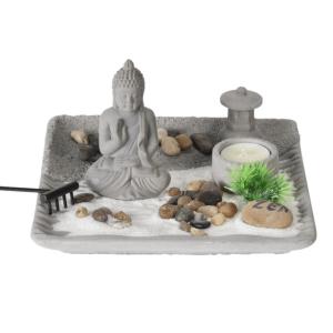 גינת זן שולחנית מחרס אפור בגימור טבעי עם מעמד לנר