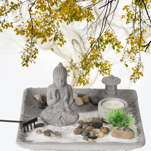 גינת זן שולחנית, ערכת גינת חול יפנית, עם רקע דקורטיבי