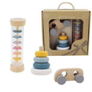 סט צעצועי עץ לפעוטות גילאי שנה ומעלה כולל מקל גשם מגדל טבעות ומכונית עץ פשוטה