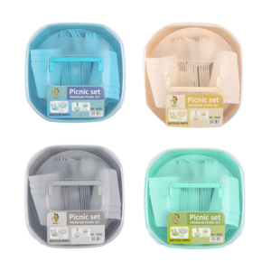 ערכות פיקניק ל6 סועדים מפלסטיק, 32 חלקים, ארבעה צבעים לערכות - תכלת, אפור, בז',ירוק מנטה