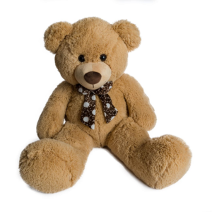 בובת דובי פרוותית בצבע חום עם סרט מסביב לצוואר