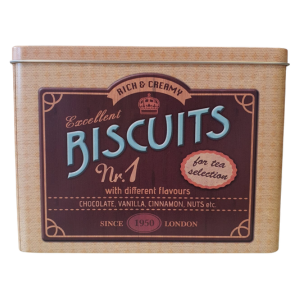 קופסת פח לאחסון עוגיות בעיצוב וינטאג'